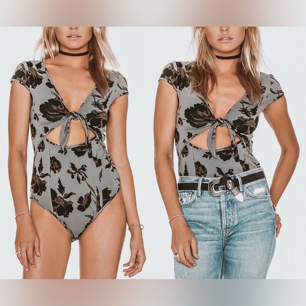 Free People Intimately Gray Floral Cutout Wowzer Bodysuit Womens Size Medium